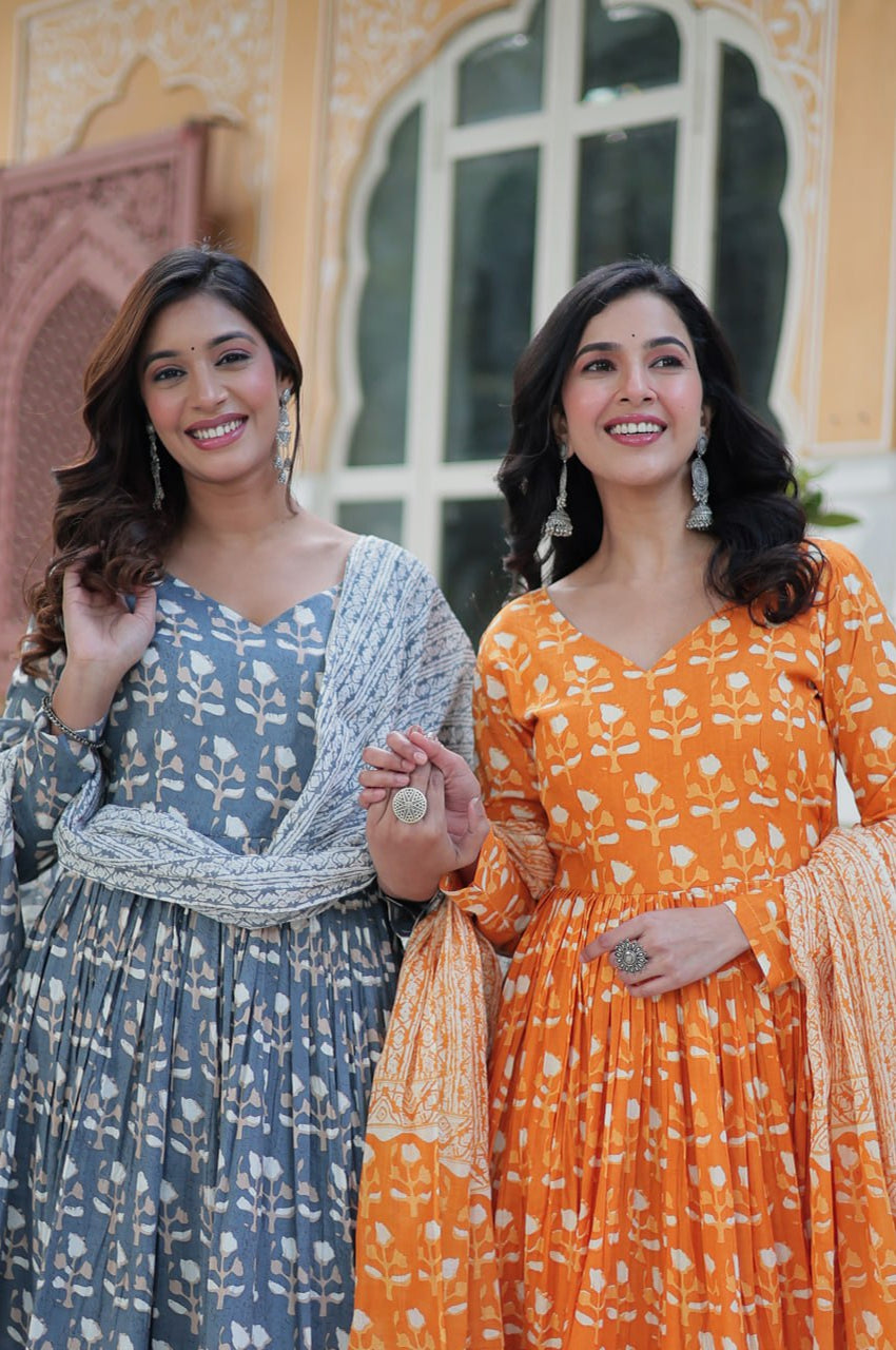 Pure Cotton Kurti Pant Dupatta Set | Gray & Orange | Ethnic Charm