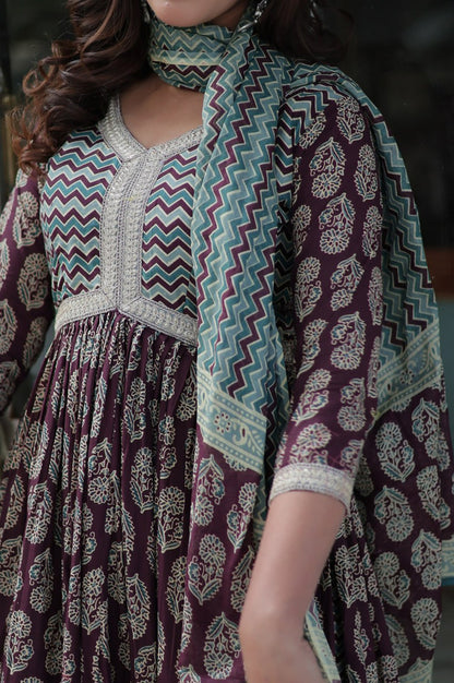 Pure Cotton Kurti Pant Dupatta Set | Coffee & Green | Ethnic Luxe