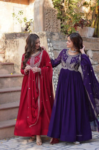 Premium Faux Blooming Embroidered Gown with Dupatta (Maroon & Purple)