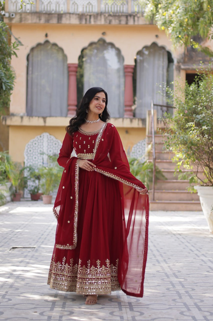 Maroon & Purple Faux Embroidered Gown with Dupatta – Regal Edition