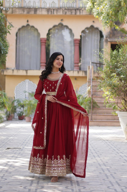 Maroon & Purple Faux Embroidered Gown with Dupatta – Regal Edition