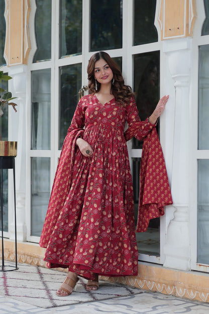 Blue & Red Premium Cotton Kurti with Pant and Dupatta Set