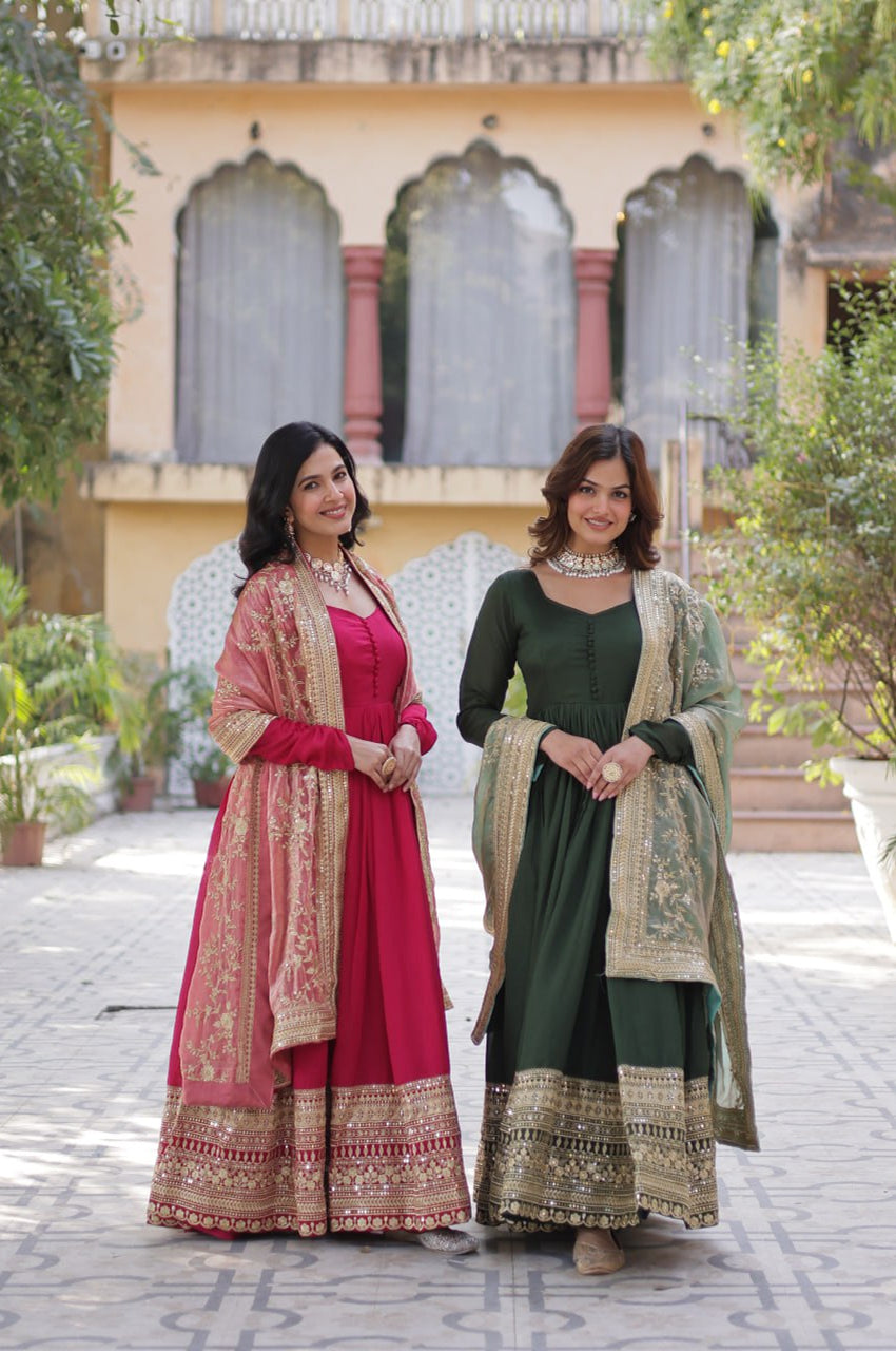 Rani Pink & Green Vichitra Gown with Dupatta – Festive Flair Edition
