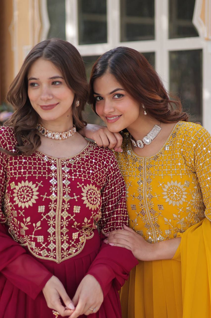 Yellow & Red Faux Blooming Designer Gown with Dupatta