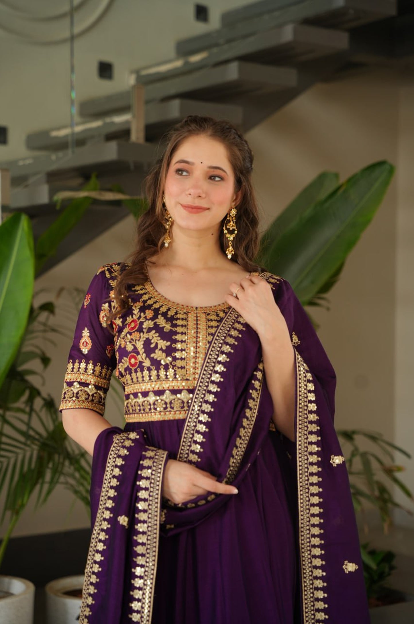 Premium Vichitra Silk Gown with Dupatta (Red & Purple Variants)