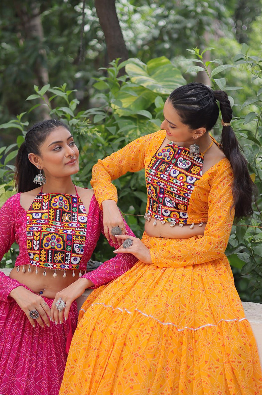 Bandhej Print Navratri Lehenga Choli with Gamthi Embroidery & Gotta Patti Lace – 12 Meter Flair (Fully Stitched)