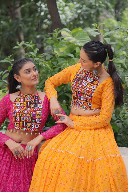 Bandhej Print Navratri Lehenga Choli with Gamthi Embroidery & Gotta Patti Lace – 12 Meter Flair (Fully Stitched)