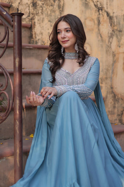 Elegant Star Georgette Gown with Beads + Dupatta | Sky Blue & Purple