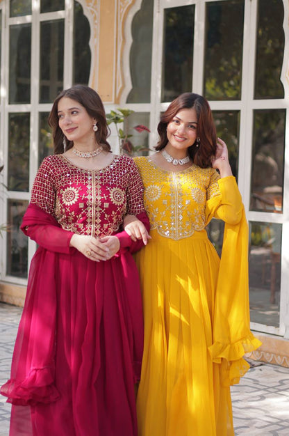 Yellow & Red Faux Blooming Designer Gown with Dupatta