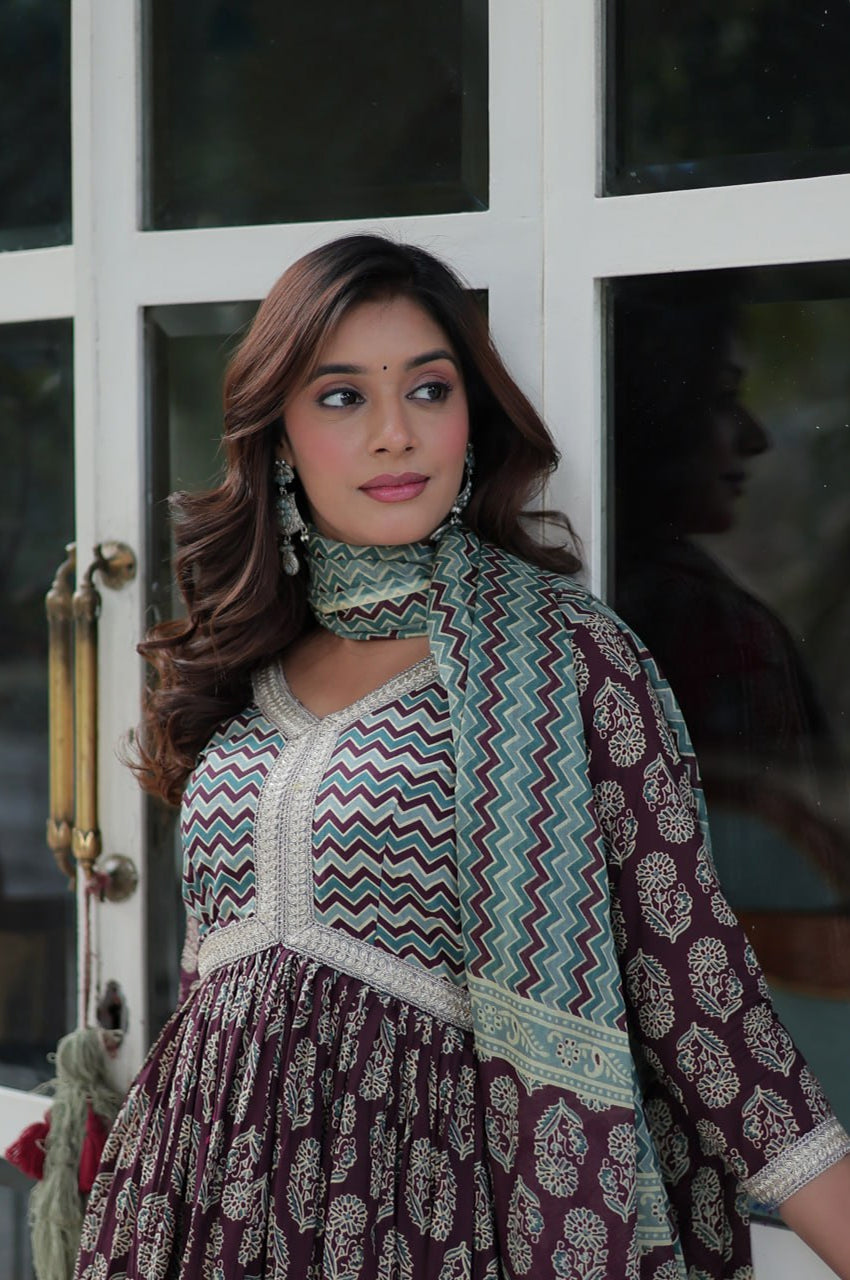 Pure Cotton Kurti Pant Dupatta Set | Coffee & Green | Ethnic Luxe