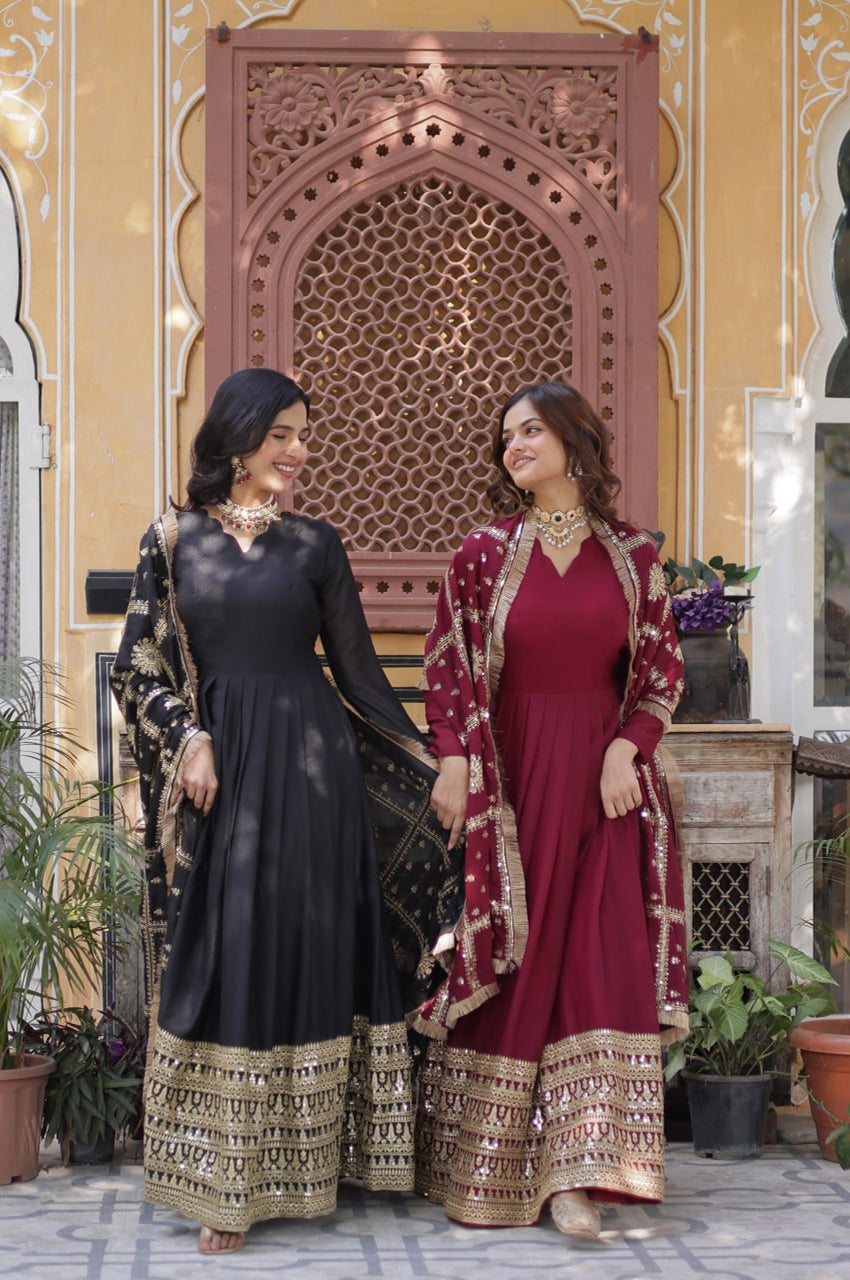 Black & Maroon Star  Gown with Dupatta – Ready-to-Wear Collection