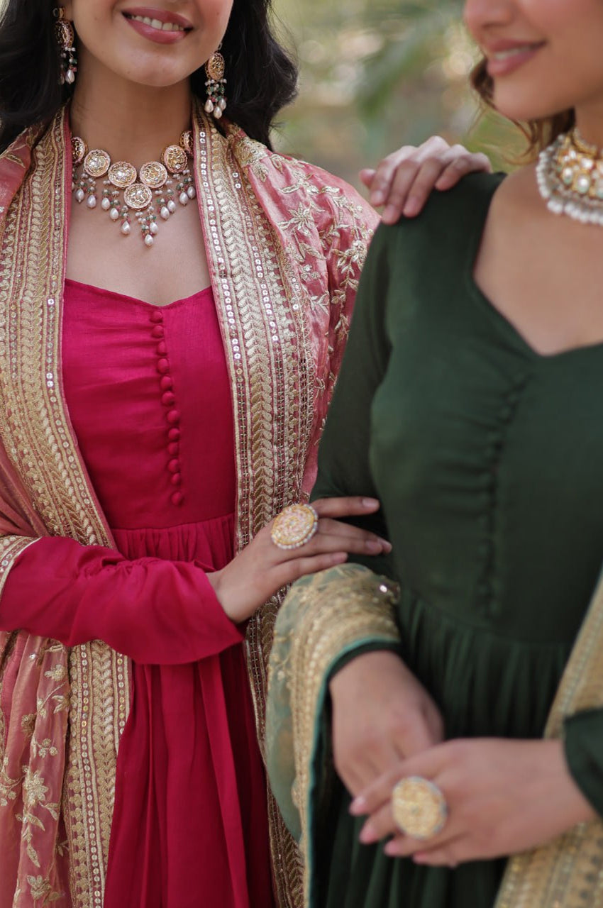 Rani Pink & Green Vichitra Gown with Dupatta – Festive Flair Edition