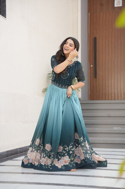 Designer Blue & Purple Gown with Embroidery & Floral Digital Print