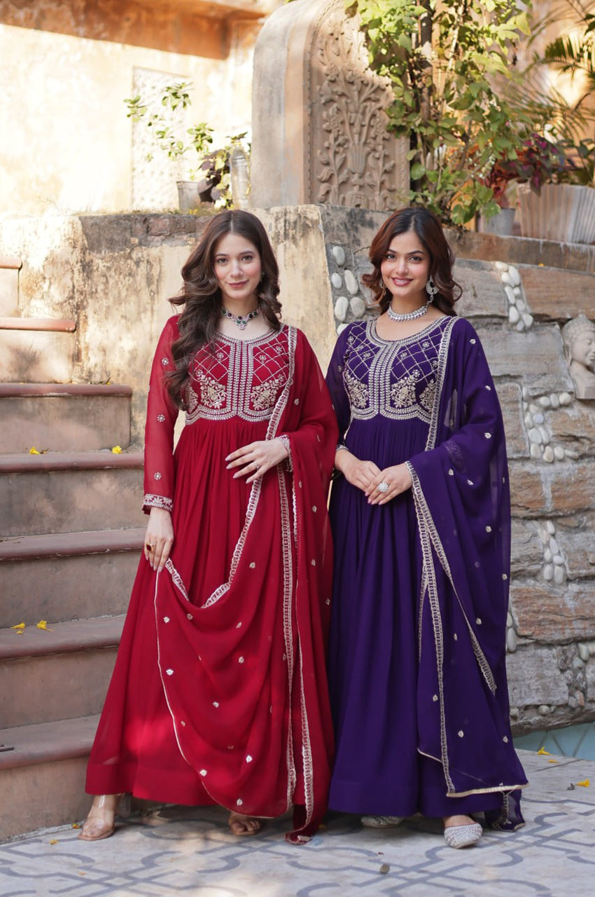 Premium Faux Blooming Embroidered Gown with Dupatta (Maroon & Purple)