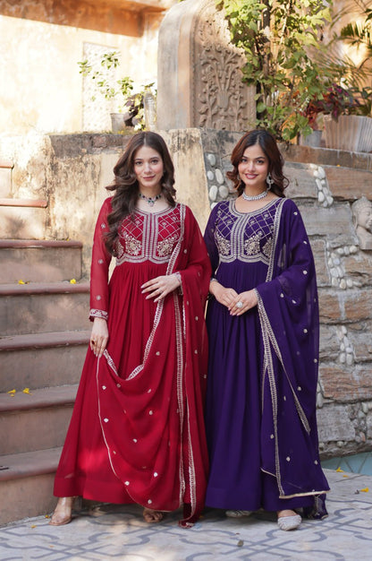 Premium Faux Blooming Embroidered Gown with Dupatta (Maroon & Purple)