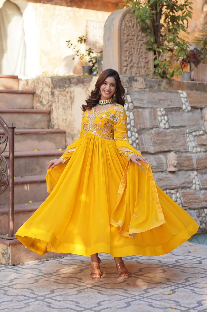 Yellow & Red Designer Gown Set with Zari Sequin Work