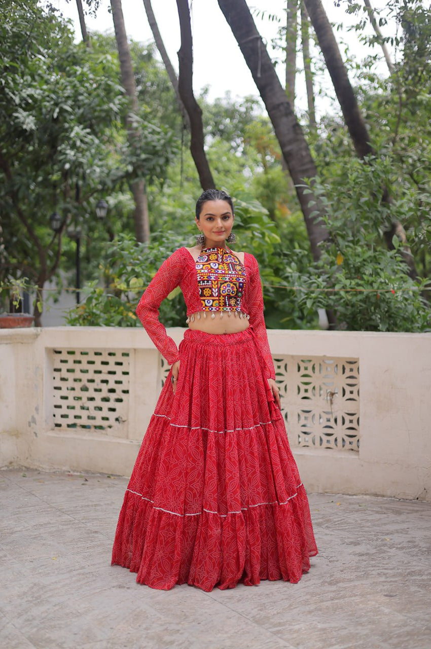 Bandhej Print Navratri Lehenga Choli with Gamthi Embroidery & Gotta Patti Lace – 12 Meter Flair (Fully Stitched)