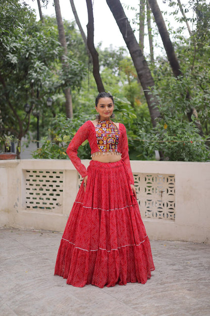 Bandhej Print Navratri Lehenga Choli with Gamthi Embroidery & Gotta Patti Lace – 12 Meter Flair (Fully Stitched)