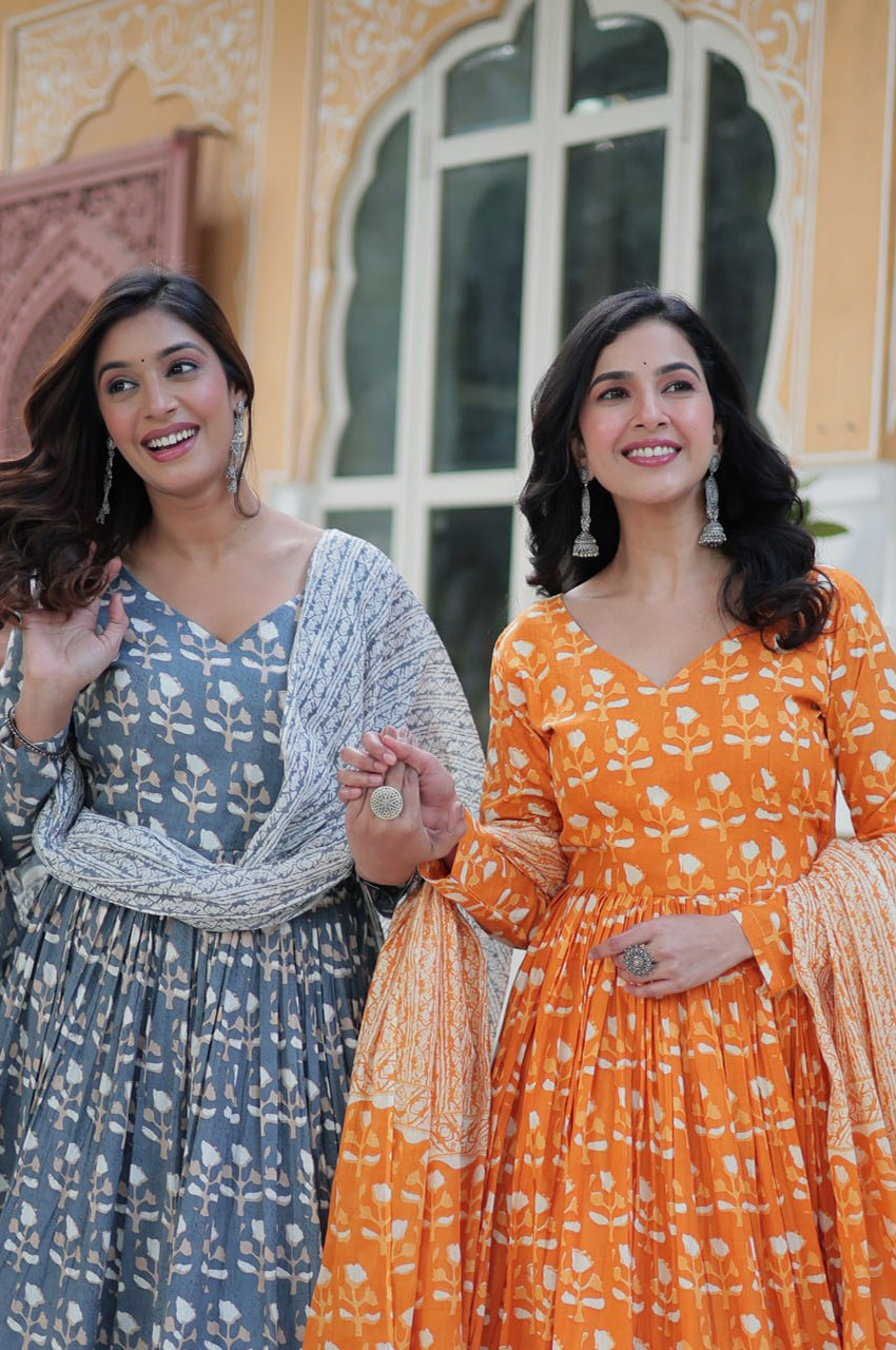 Pure Cotton Kurti Pant Dupatta Set | Gray & Orange | Ethnic Charm