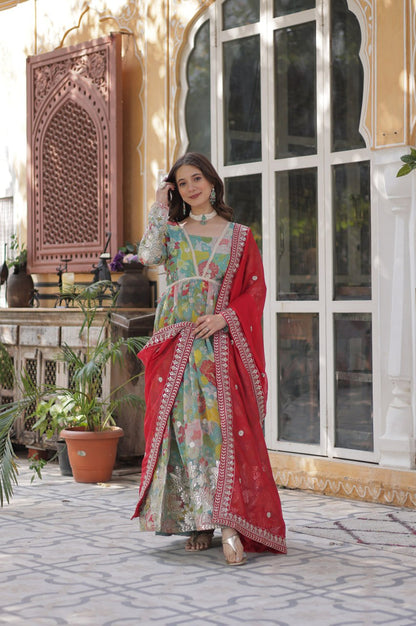 Elegant Alia Cut Russian Silk Gown with Dupatta (Orange & Green)