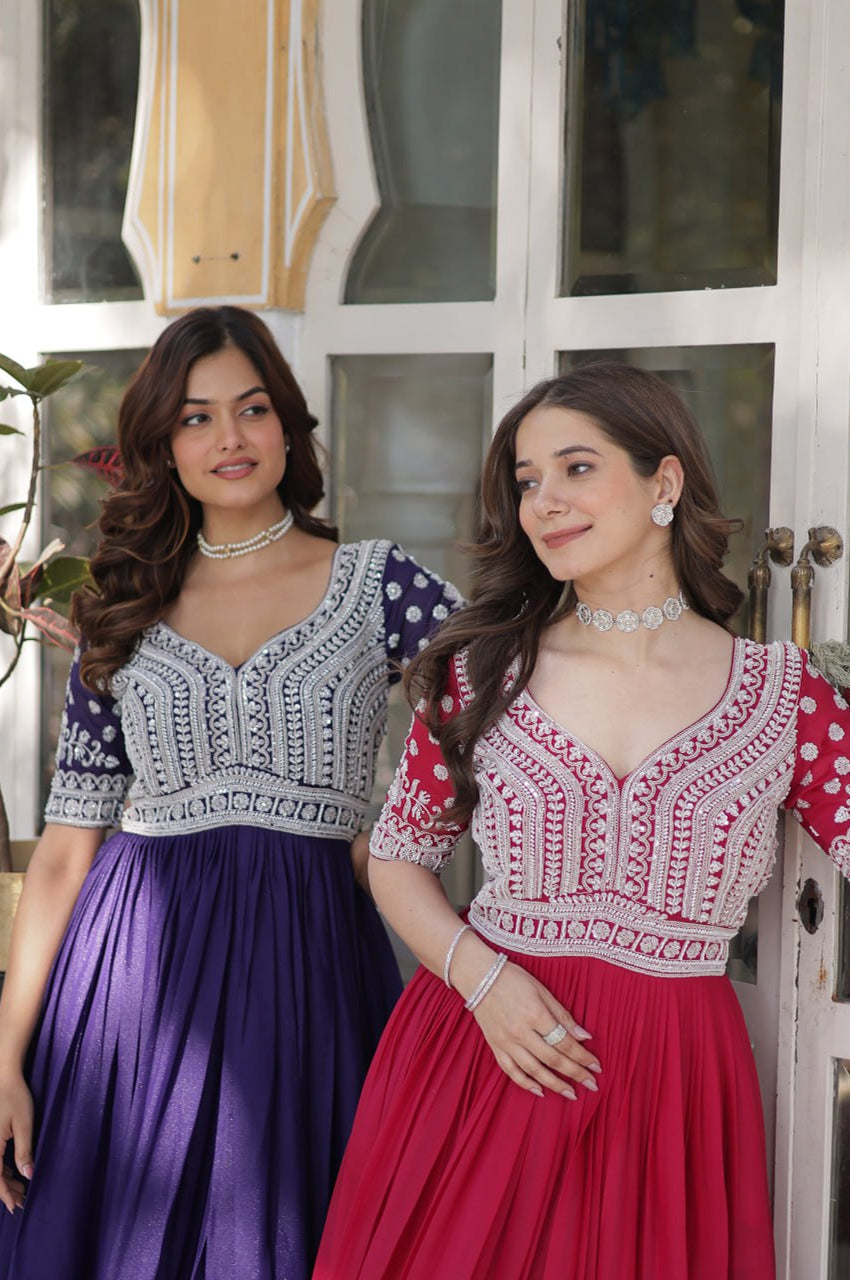 Slit-Cut Long Kurti with Lehenga Set | Purple & Red
