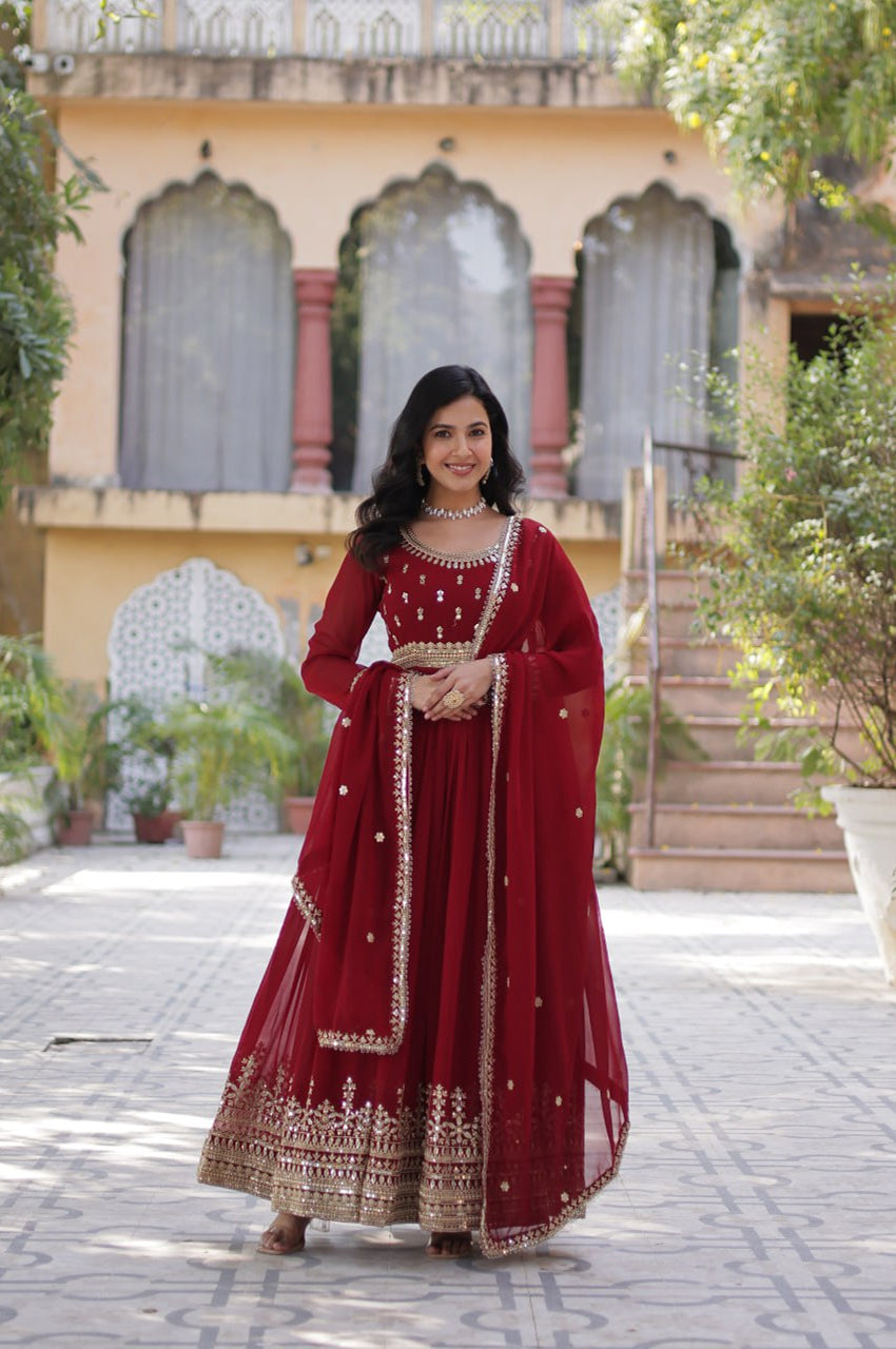 Maroon & Purple Faux Embroidered Gown with Dupatta – Regal Edition