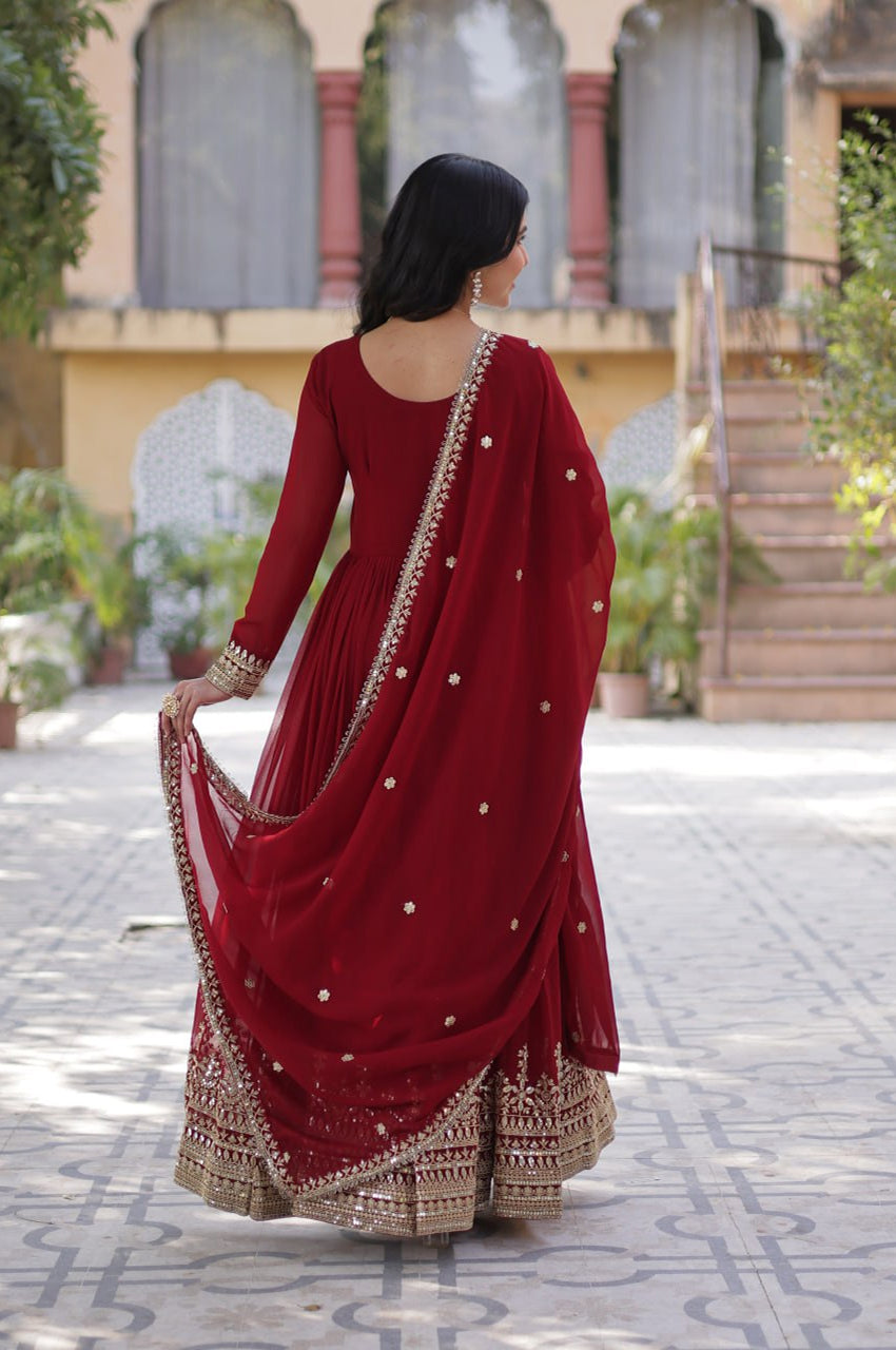 Maroon & Purple Faux Embroidered Gown with Dupatta – Regal Edition
