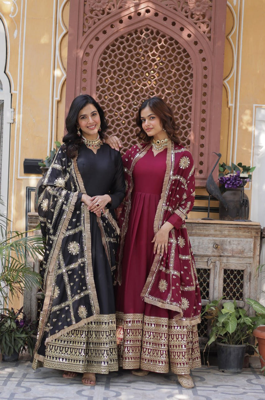 Black & Maroon Star  Gown with Dupatta – Ready-to-Wear Collection