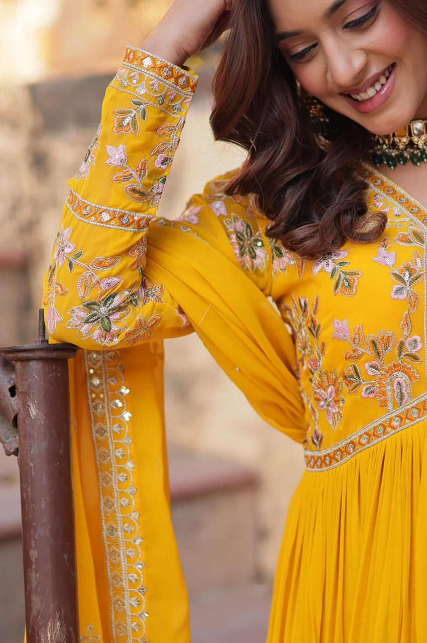Yellow & Red Designer Gown Set with Zari Sequin Work