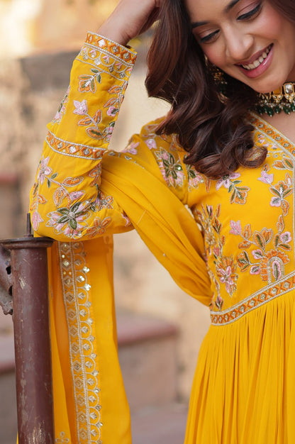 Yellow & Red Designer Gown Set with Zari Sequin Work