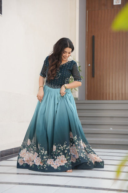 Designer Blue & Purple Gown with Embroidery & Floral Digital Print