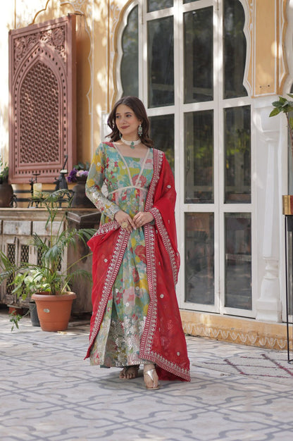 Elegant Alia Cut Russian Silk Gown with Dupatta (Orange & Green)