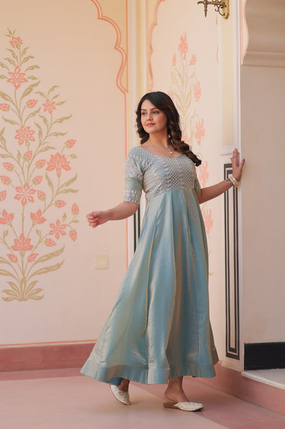 Blue & Green Beads Embroidered Fendy Gown