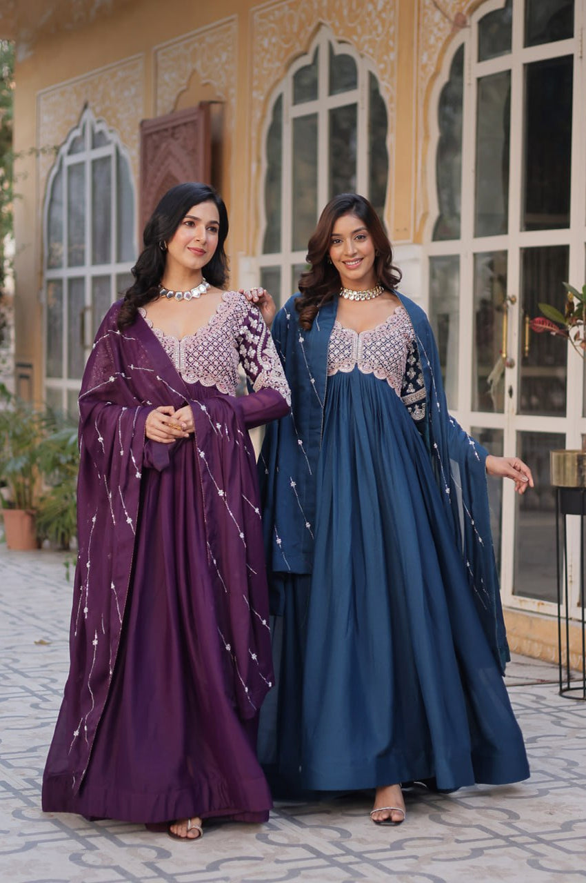 Designer Star Georgette Gown with Beads & Sequins Work + Dupatta