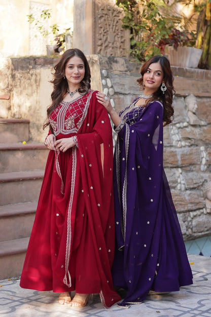 Premium Faux Blooming Embroidered Gown with Dupatta (Maroon & Purple)