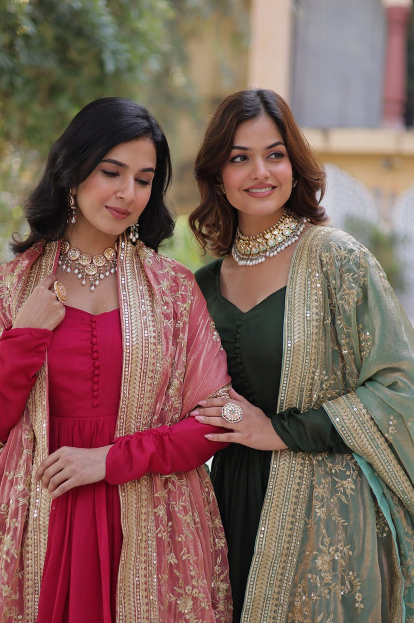 Rani Pink & Green Vichitra Gown with Dupatta – Festive Flair Edition