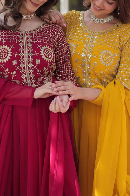 Yellow & Red Faux Blooming Designer Gown with Dupatta