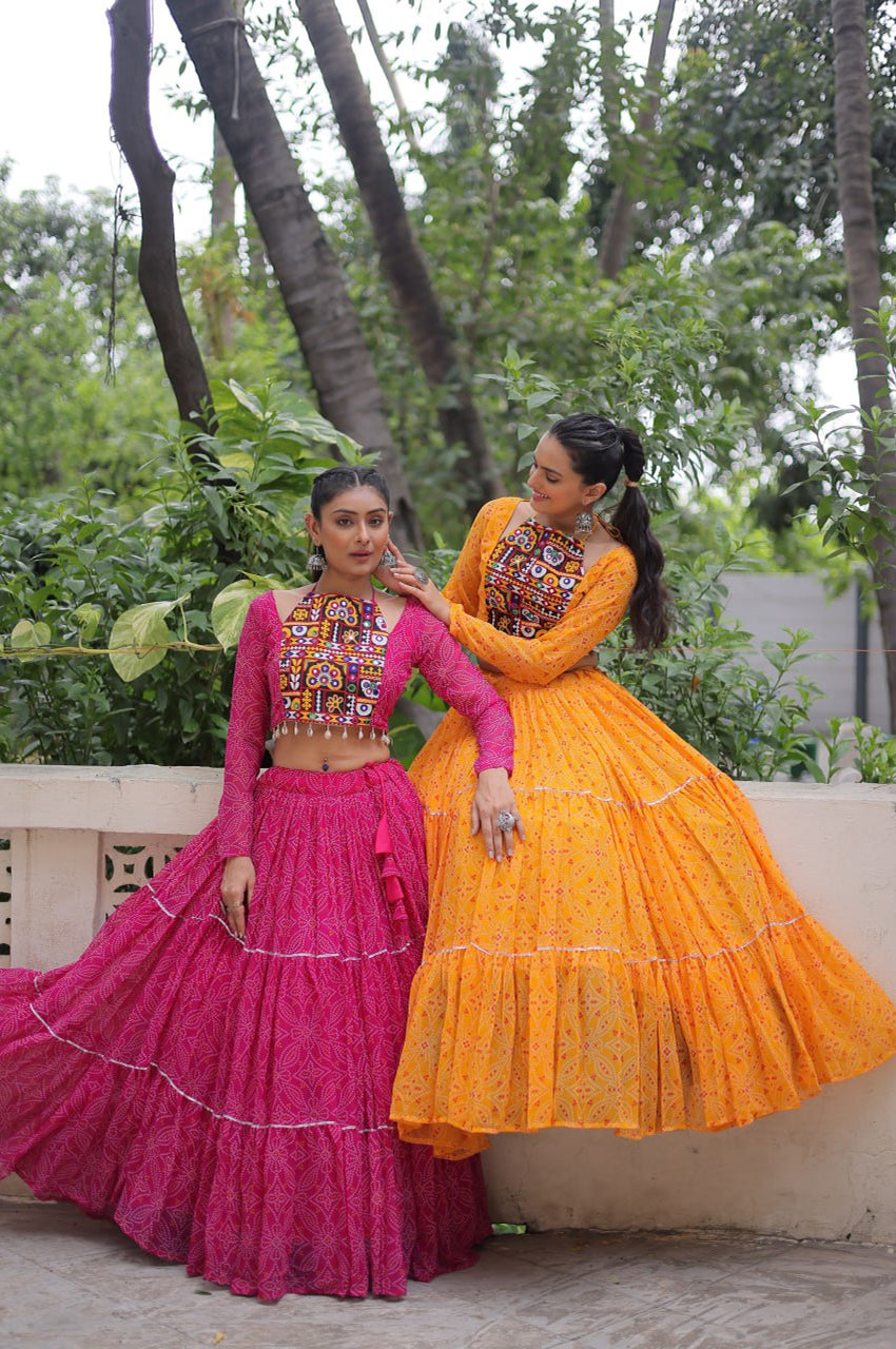 Bandhej Print Navratri Lehenga Choli with Gamthi Embroidery & Gotta Patti Lace – 12 Meter Flair (Fully Stitched)
