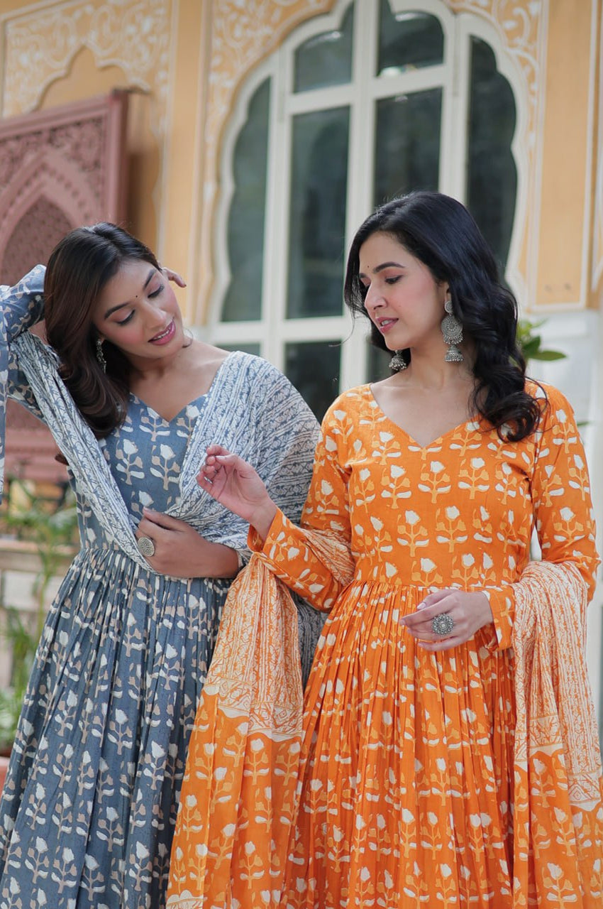 Pure Cotton Kurti Pant Dupatta Set | Gray & Orange | Ethnic Charm