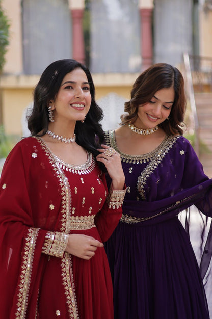 Maroon & Purple Faux Embroidered Gown with Dupatta – Regal Edition