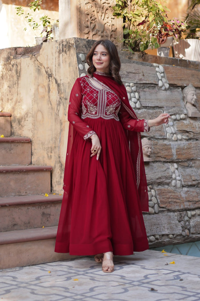Premium Faux Blooming Embroidered Gown with Dupatta (Maroon & Purple)