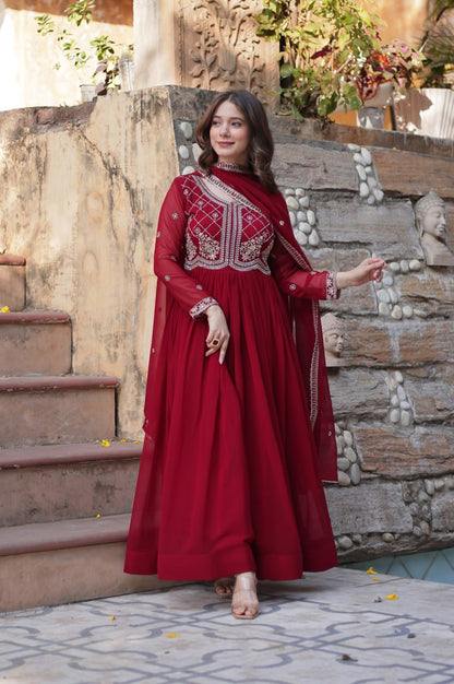 Premium Faux Blooming Embroidered Gown with Dupatta (Maroon & Purple)