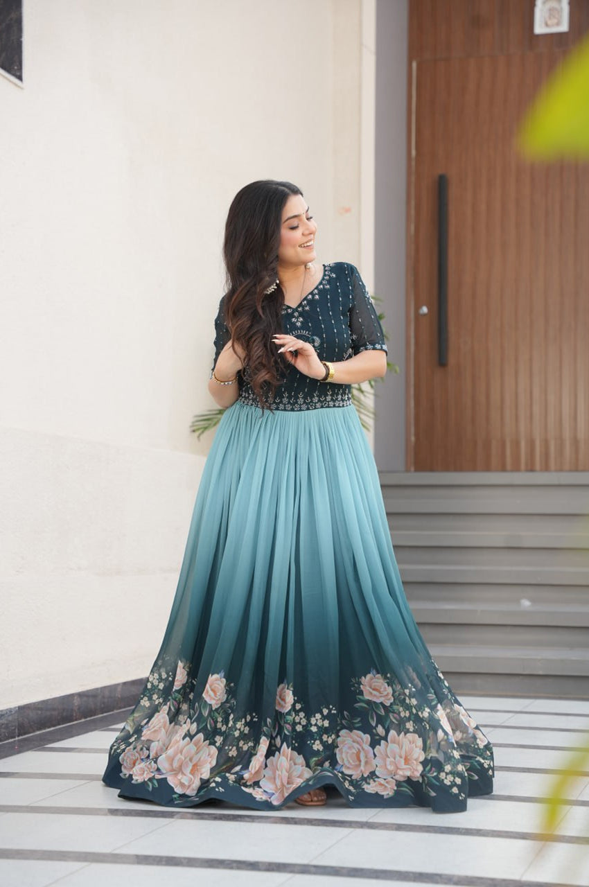 Designer Blue & Purple Gown with Embroidery & Floral Digital Print