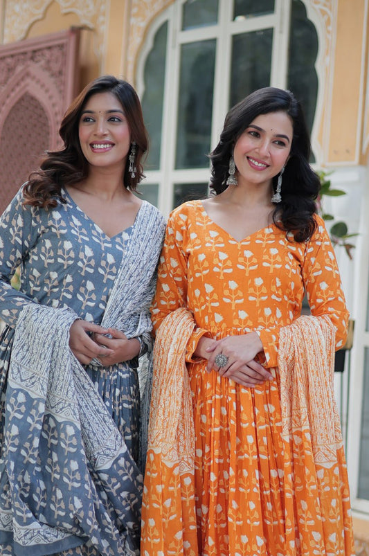 Pure Cotton Kurti Pant Dupatta Set | Gray & Orange | Ethnic Charm