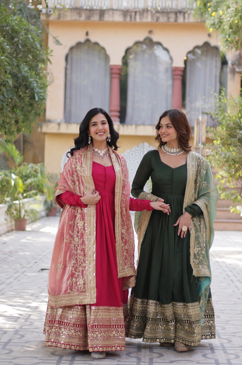 Rani Pink & Green Vichitra Gown with Dupatta – Festive Flair Edition