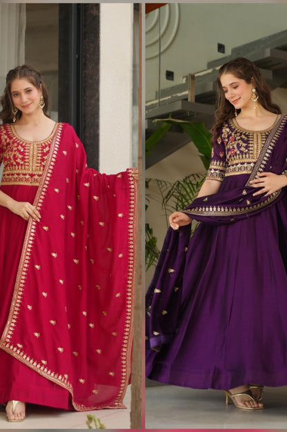 Premium Vichitra Silk Gown with Dupatta (Red & Purple Variants)