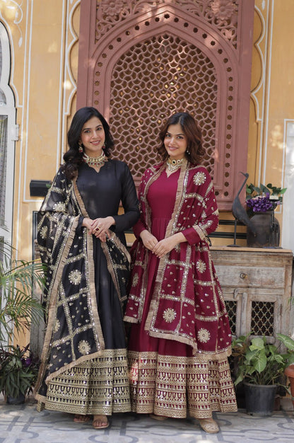 Black & Maroon Star  Gown with Dupatta – Ready-to-Wear Collection
