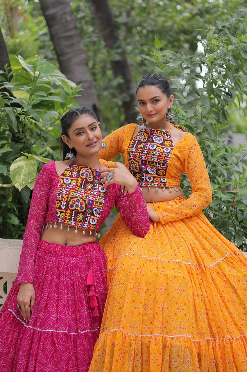 Bandhej Print Navratri Lehenga Choli with Gamthi Embroidery & Gotta Patti Lace – 12 Meter Flair (Fully Stitched)