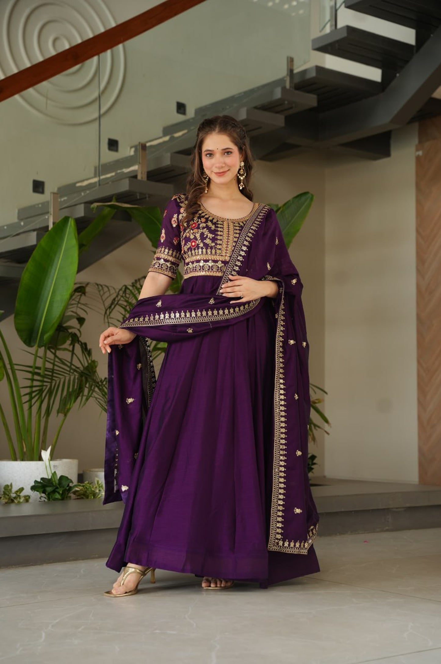 Premium Vichitra Silk Gown with Dupatta (Red & Purple Variants)