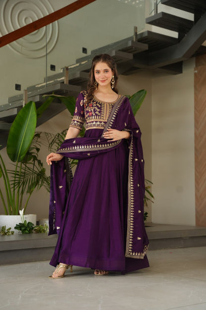 Premium Vichitra Silk Gown with Dupatta (Red & Purple Variants)